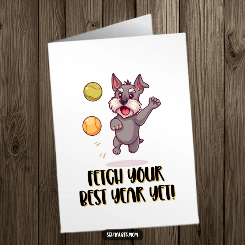 Funny Free Printable Birthday Card: Schnauzer dog joyfully leaping high to catch a tennis ball.