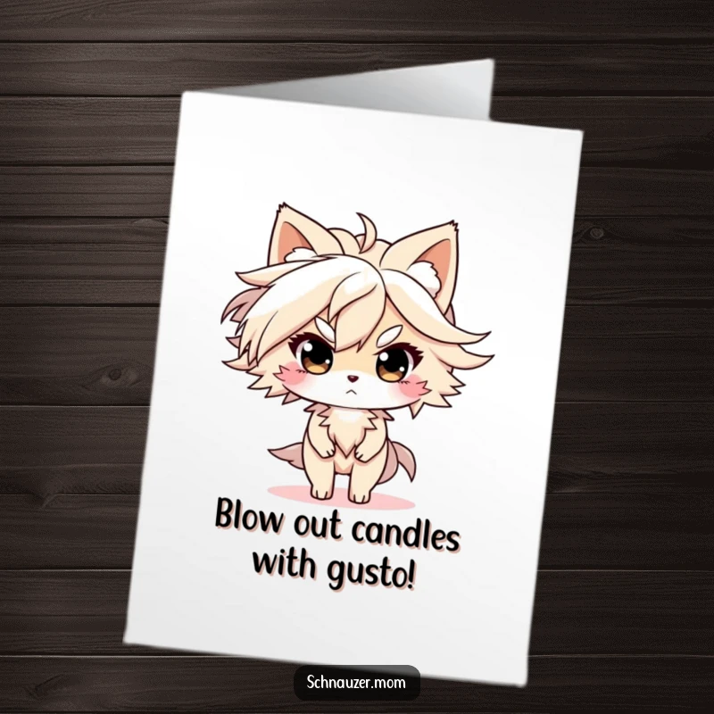 Funny free printable birthday card of a dog with fur blowing in the wind, looking determined and ready for anything.