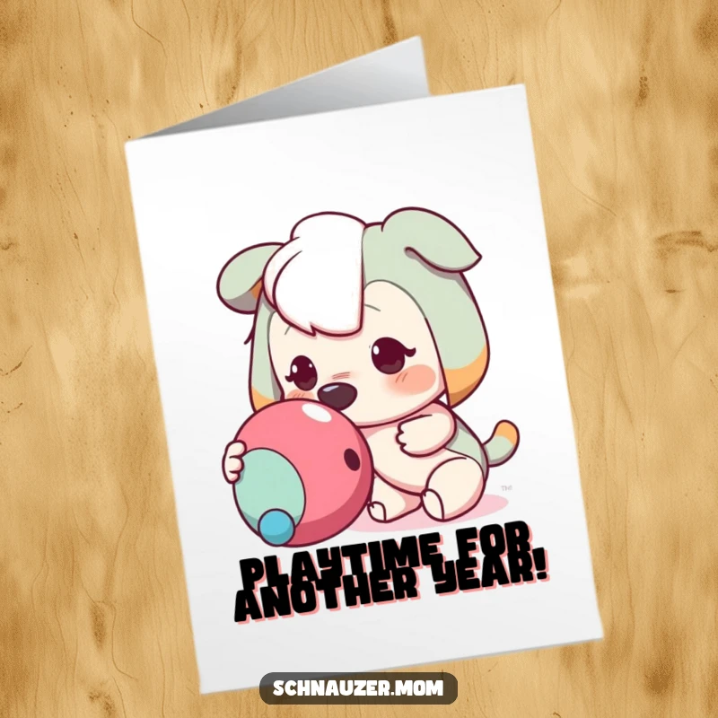 Funny Free Printable Birthday Card: Eager dog nudges toy with nose, ready for fun, perfect for gift.