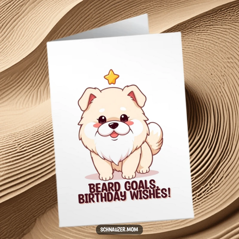 Funny Free Printable Birthday Card: Cute fluffy dog with a white beard wagging tail under a shining star.