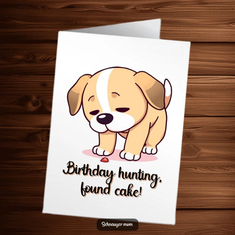 Funny Free Printable Birthday Card: A dog lowers its head, intently searching the ground for a hidden birthday treat.