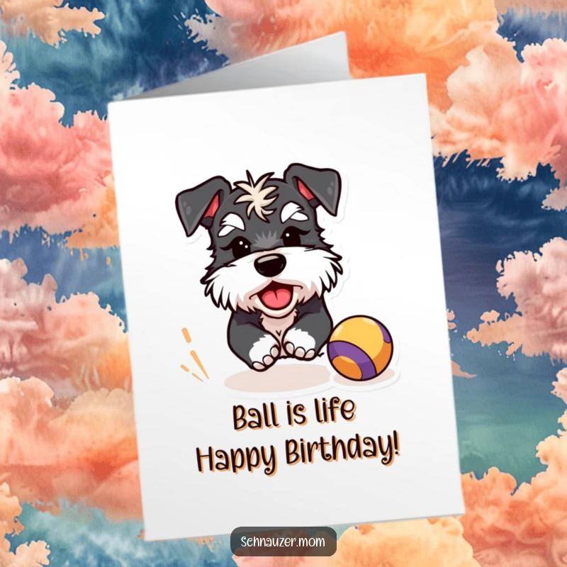 Funny Free Printable Schnauzer Birthday Card: A winking dog joyfully chasing a bright red ball, ready for celebration.