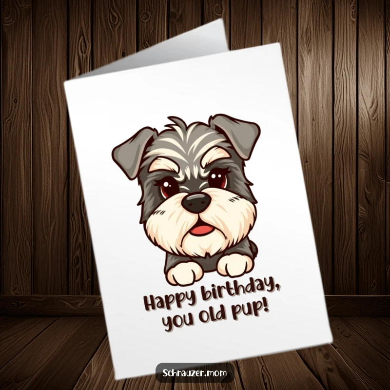 Funny Free Printable Birthday Card: A scruffy Schnauzer with bushy eyebrows looks thoughtfully, ready to celebrate your birthday. Downloadable.
