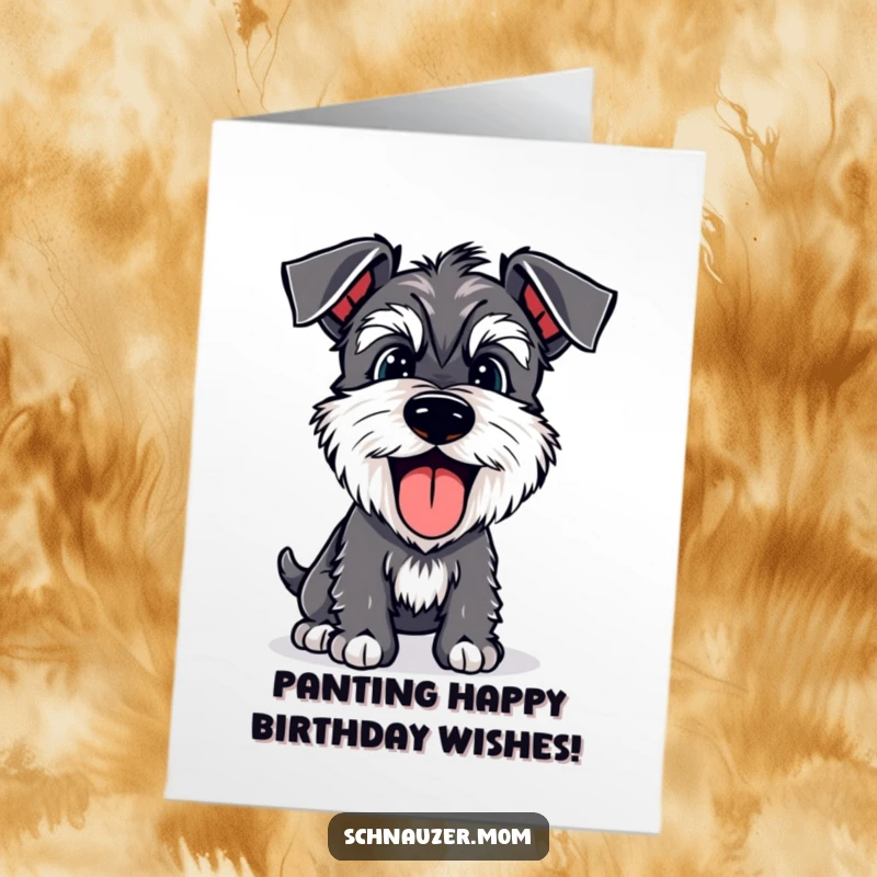 Funny Free Printable Birthday Card: A happy Schnauzer with its tongue lolling out, panting joyfully for a birthday celebration.