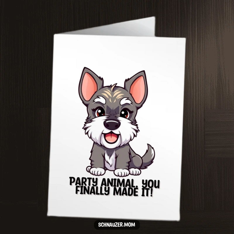 Funny Free Printable Schnauzer Birthday Card featuring a sassy dog with a playful smirk and wagging tail, ready to party.