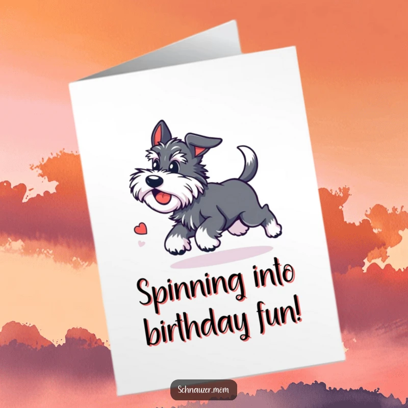 Funny Free Printable Birthday Card showing a cute Kawaii Schnauzer playfully chasing its tail in dizzying delight.