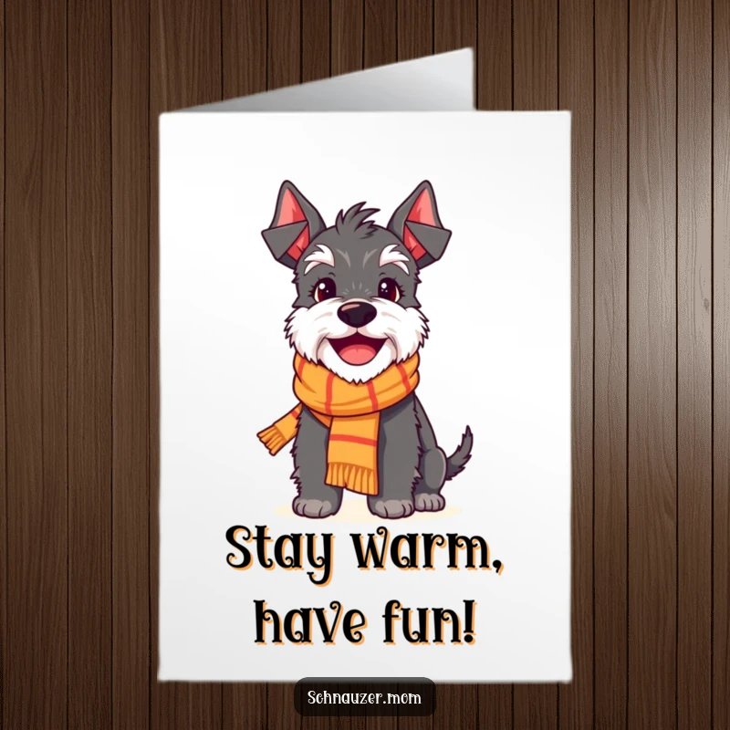 Funny Free Printable Schnauzer Birthday Card: A happy Schnauzer sports a tiny scarf and a wide smile, radiating birthday cheer.