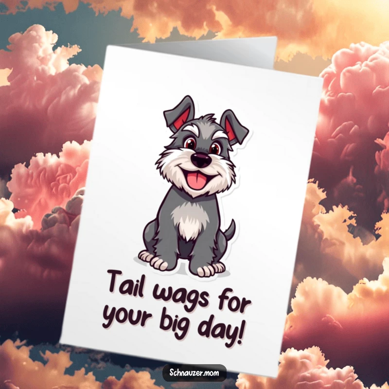 Funny Free Printable Schnauzer Birthday Card: Happy dog wagging its tail enthusiastically, ready to party with you.