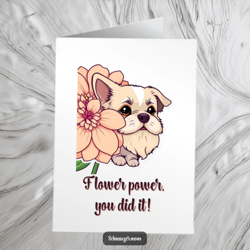 Funny Free Printable Congratulations Card: Dog with a prominent beard emerging from behind a large, colorful flower.