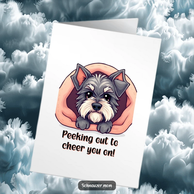 Free Printable Congratulations Card featuring a cute Kawaii Schnauzer peeking out from under a cozy blanket.