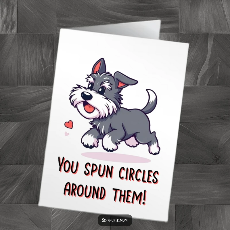 Free Printable Congratulations Card featuring a cute Kawaii Schnauzer spinning around gleefully while chasing its tail.