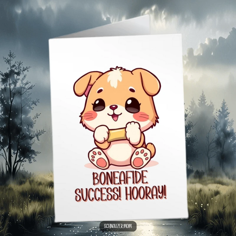 Funny free printable congratulations card of a happy dog, paws holding a small bone with glee, celebrating a win.