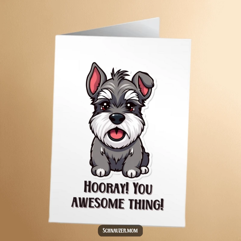 Funny Free Printable Congratulations Card: A happy Schnauzer dog with expressive eyebrows, energetically barking with delight.