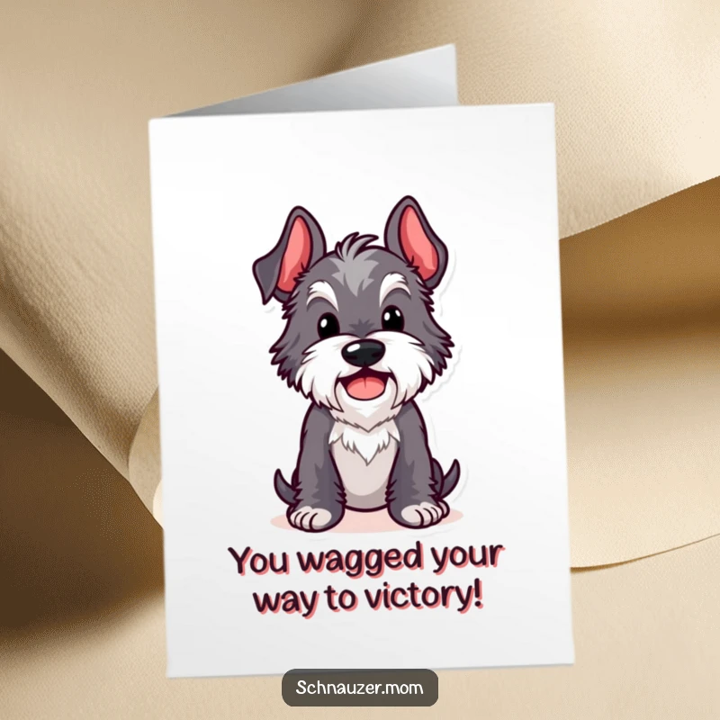 Funny Free Printable Congrats Card: Kawaii Schnauzer strikes a comical pose, celebrating with a joyful wag.