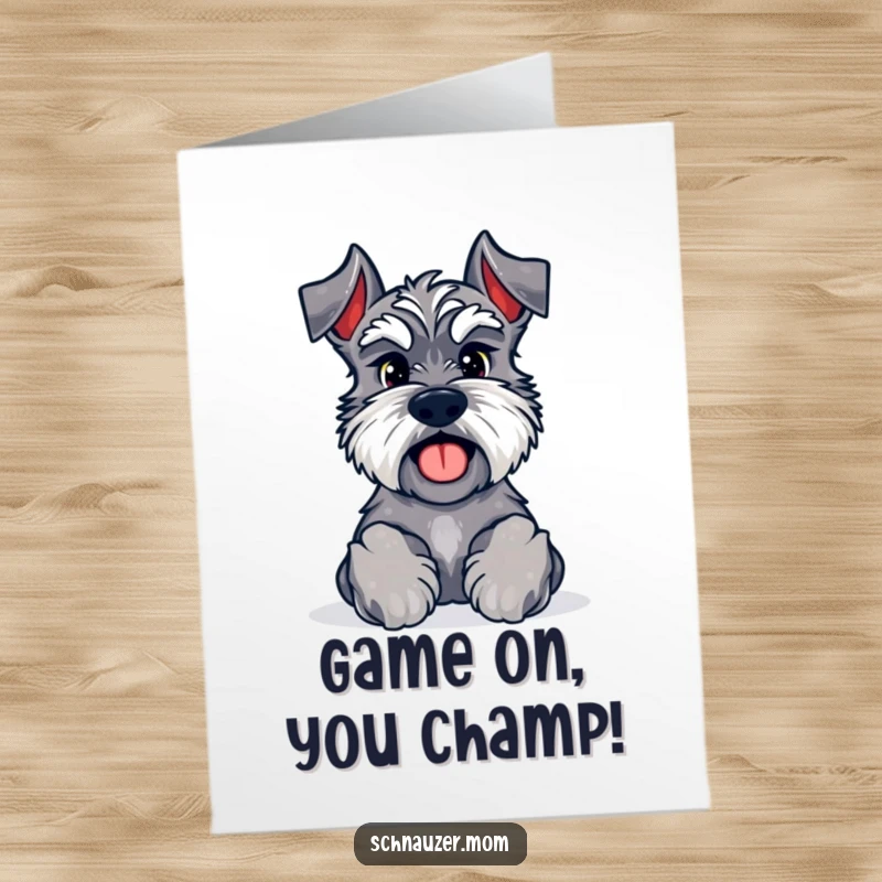 Funny Free Printable Congrats Card: Kawaii Schnauzer with paws forward, inviting a friendly game to celebrate.