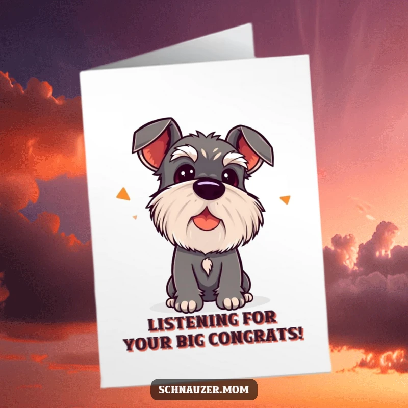Funny Free Printable Congratulations Card: Kawaii Schnauzer with head tilted, keenly listening to exciting news, celebrating your success.