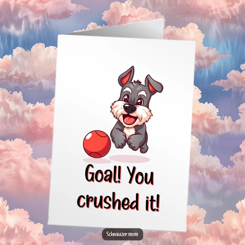 Funny Free Printable Congratulations Card: A playful Schnauzer dog grins widely while determinedly chasing a red ball.