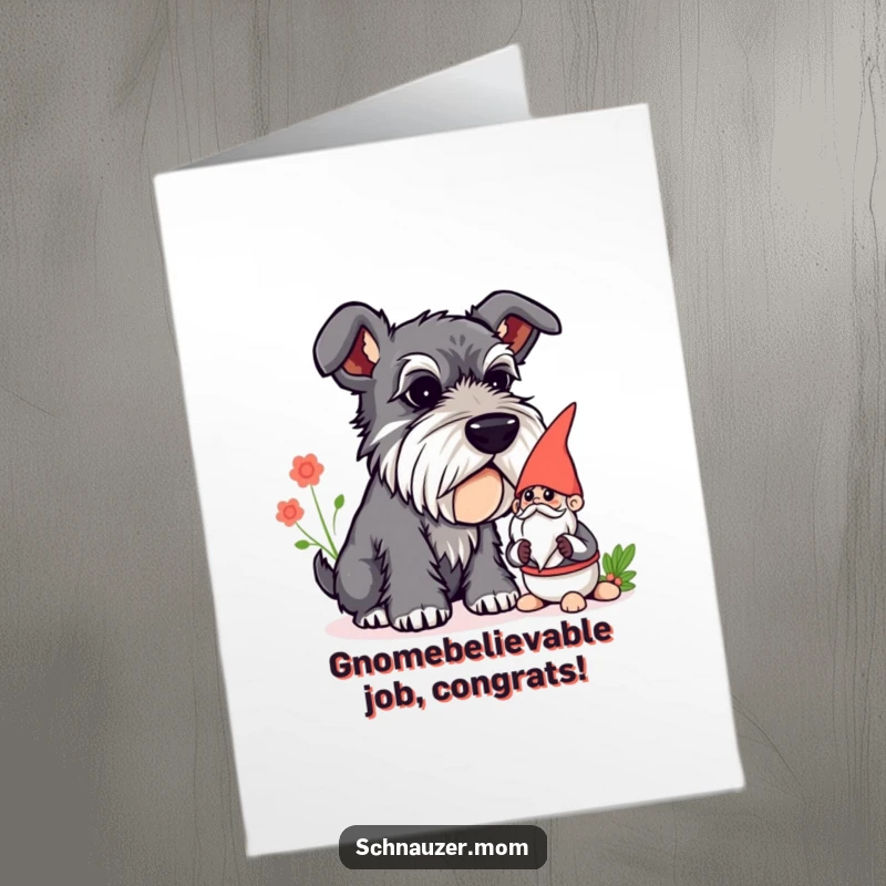 Funny Free Printable Congratulations Card: A Schnauzer dog curiously sniffing a garden gnome, capturing a moment of playful discovery.