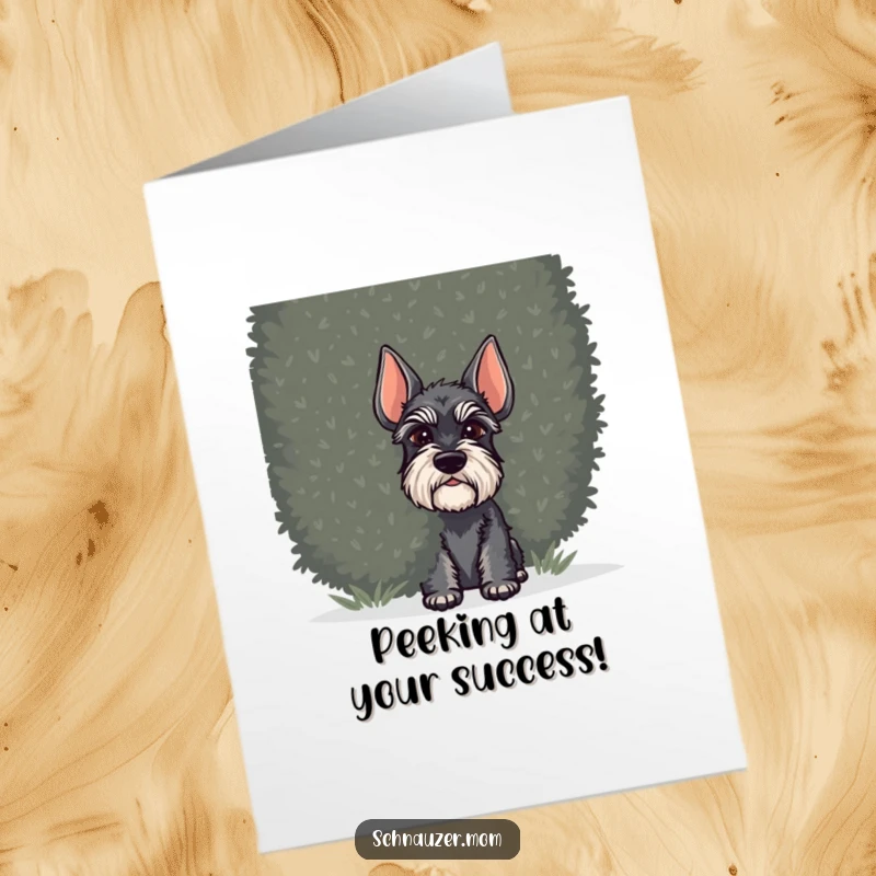 Funny Free Printable Congratulations Card: Schnauzer dog with curious eyes peeking from behind a dense shrub.
