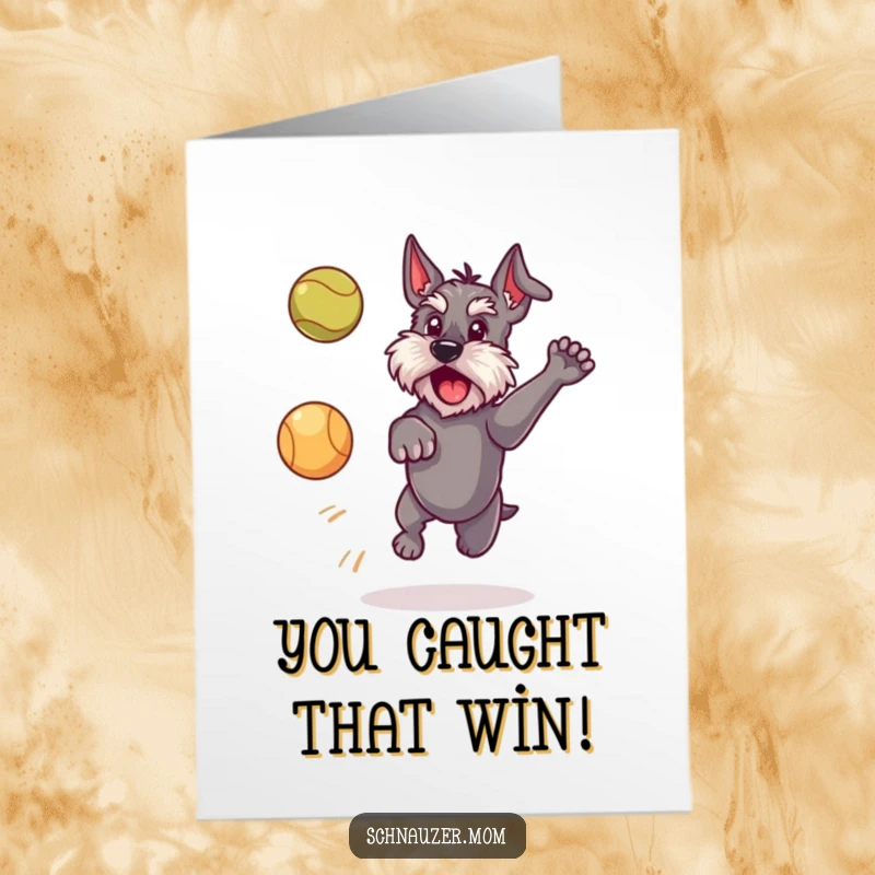Funny Free Printable Congratulations Card: Schnauzer mid-air, leaping enthusiastically to catch a ball.