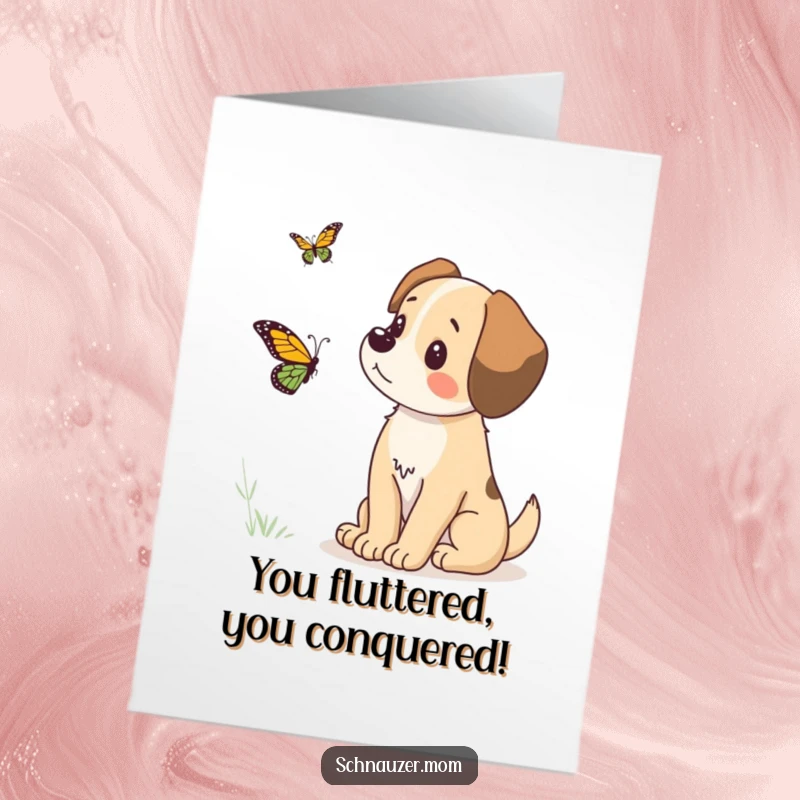 Funny Free Printable Congratulations Card with a dog observing a butterfly, symbolizing new beginnings and gentle excitement.