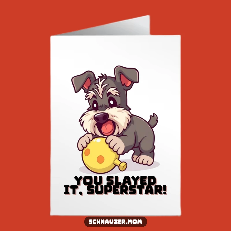 Free Printable Schnauzer Toy Congrats Card: Funny Pouncing Dog Downloadable Gift