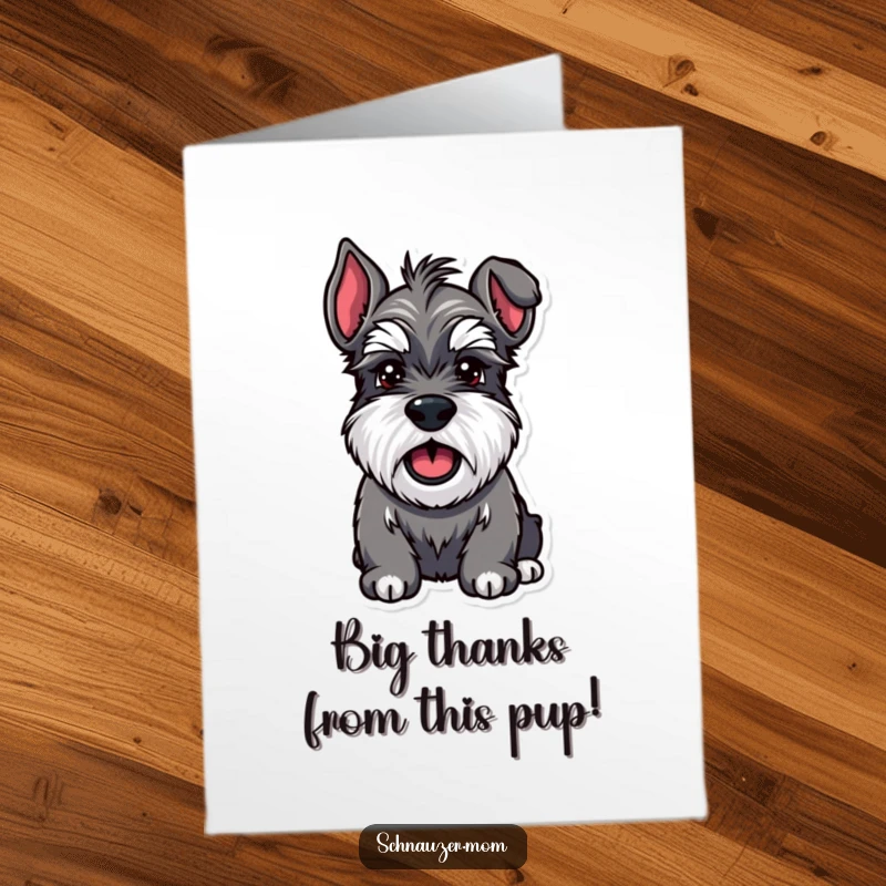 Funny Free Printable Thank You Card: A happy Schnauzer dog lets out an enthusiastic bark, showing pure joy.