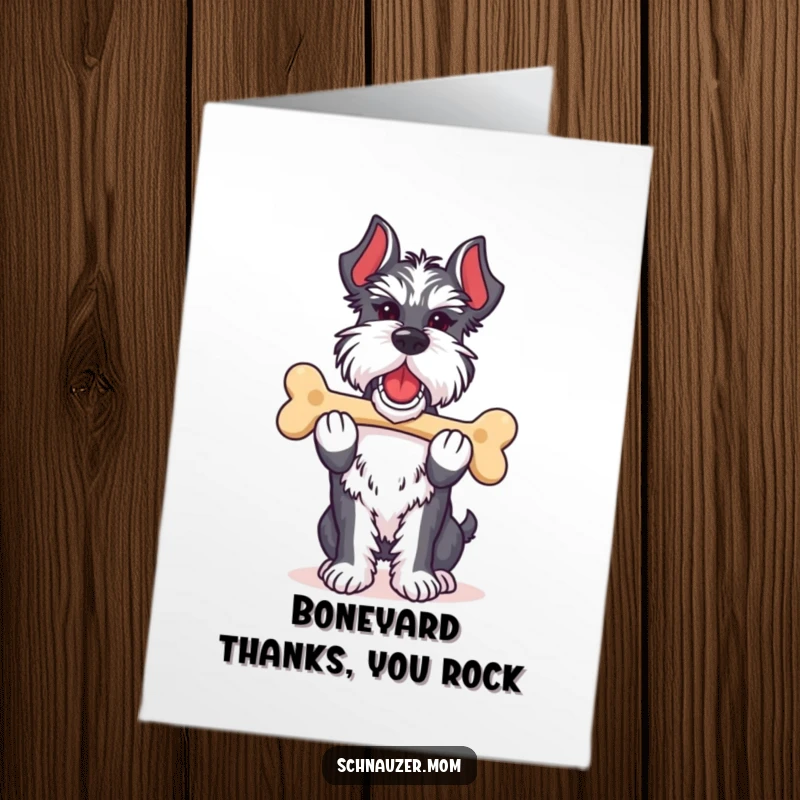 Funny Free Printable Schnauzer Thank You Card of a proud dog carrying its favorite bone, a treasure.