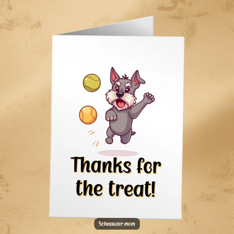 Funny Free Printable Thank You Card: Schnauzer dog leaping with all its might to catch a ball.