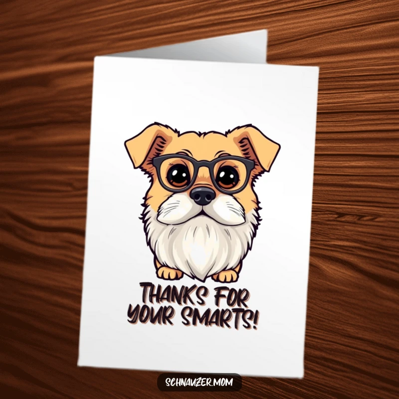 Funny Free Printable Thank You Card: Dog with a distinguished beard and tiny spectacles looking curiously, conveying thanks.