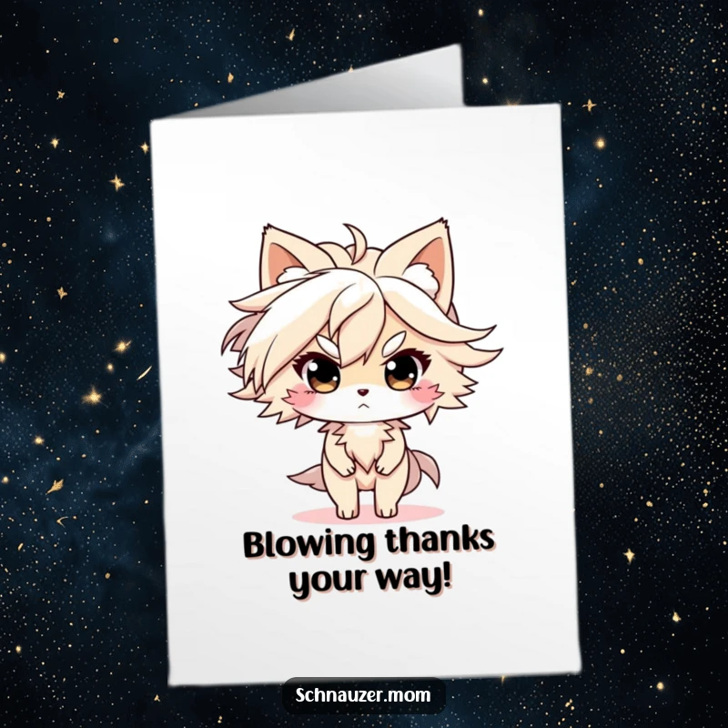 Funny free printable thank you card of a dog with fur blowing in the wind, looking determined and thankful.