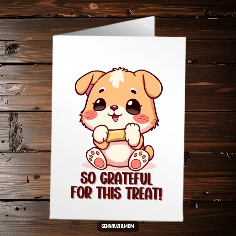 Funny free printable thank you card of a happy dog, paws holding a small bone with glee, grateful for treats.