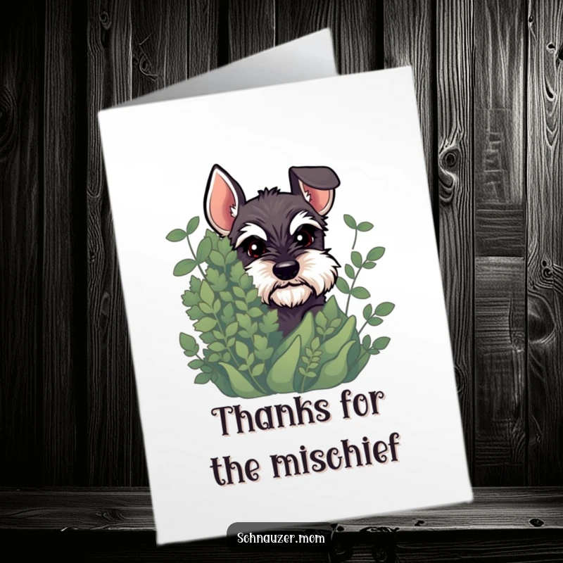 Funny Free Printable Thank You Card: Schnauzer peeking with a mischievous glint from behind a plant, offering secret thanks.
