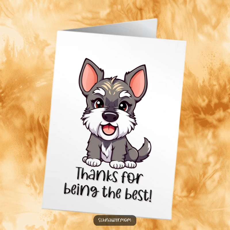 Funny Free Printable Schnauzer Thank You Card featuring a happy dog with a cute smirk and wagging tail, expressing thanks.