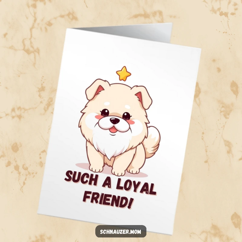 Funny Free Printable Thank You Card: Fluffy dog with white beard, tail wagging, sending thanks with a star.