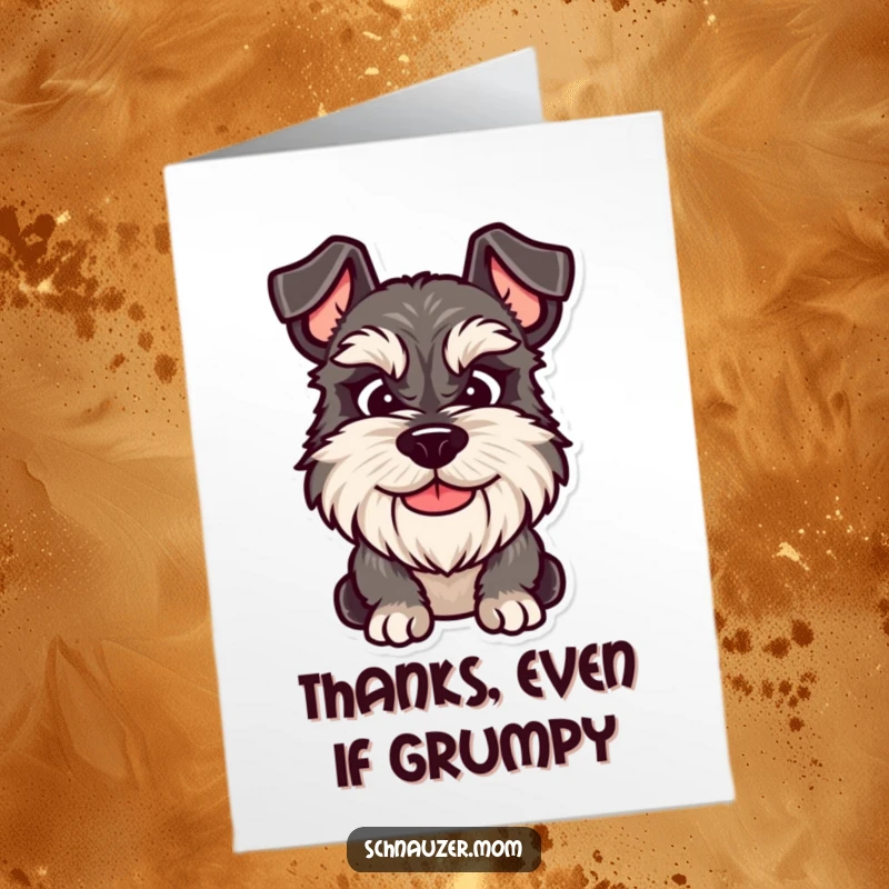 Funny Free Printable Thank You Card: A Schnauzer dog with a distinct smile that’s both friendly and endearingly grumpy.