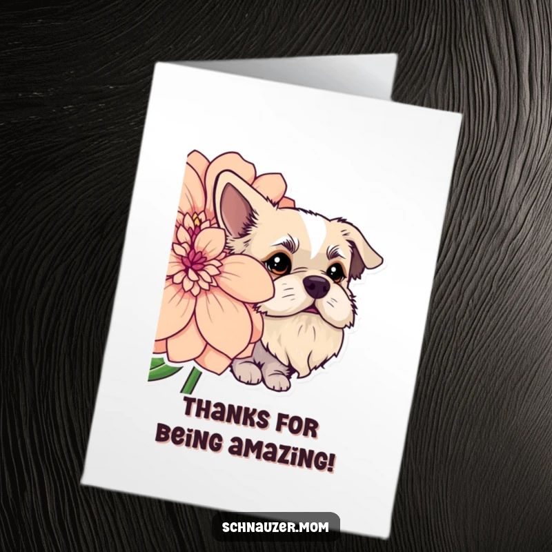 Funny Free Printable Thank You Card: Dog with a prominent beard playfully peeking from behind a large, beautiful flower.