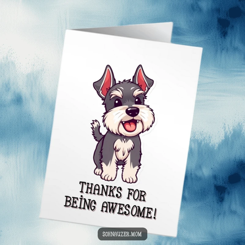 Funny Free Printable Thank You Card: Schnauzer dog wagging its tail enthusiastically, conveying sincere thanks.