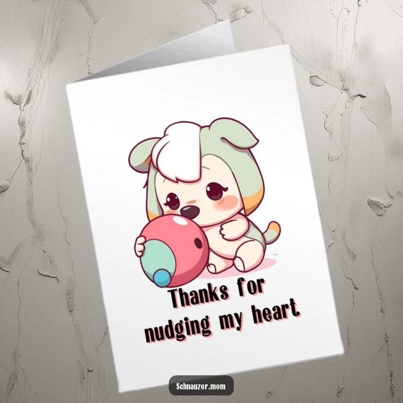 Funny Free Printable Thank You Card: Eager dog nudges toy, showing gratitude, perfect downloadable gift.