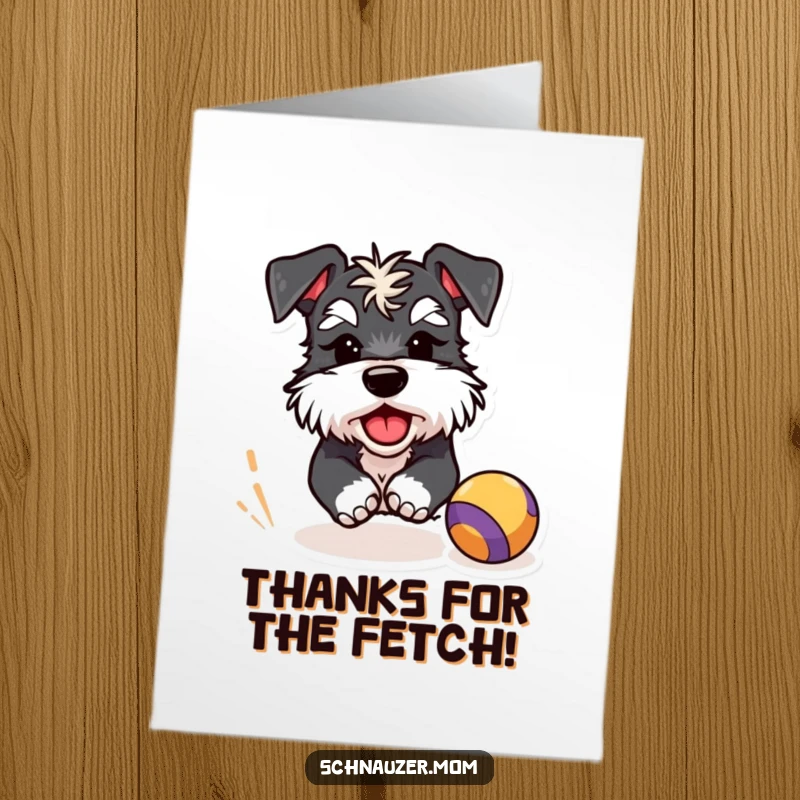 Funny Free Printable Schnauzer Thank You Card: A darling Schnauzer winks, conveying thanks with playful energy and a bouncing ball.
