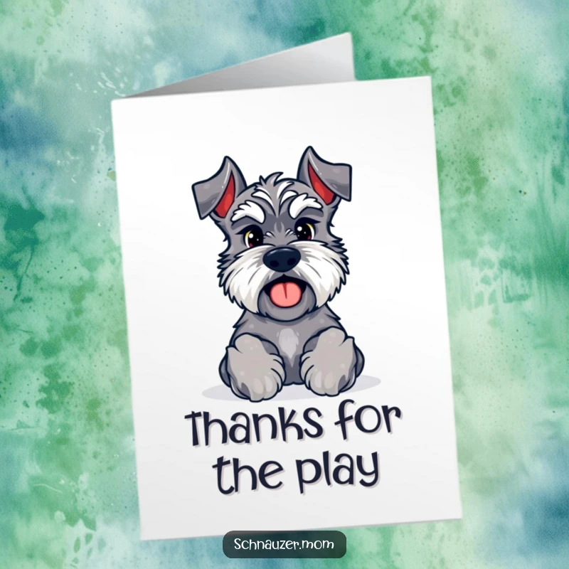 Funny Free Printable Thank You Card: Kawaii Schnauzer with paws forward, inviting a friendly game as thanks.
