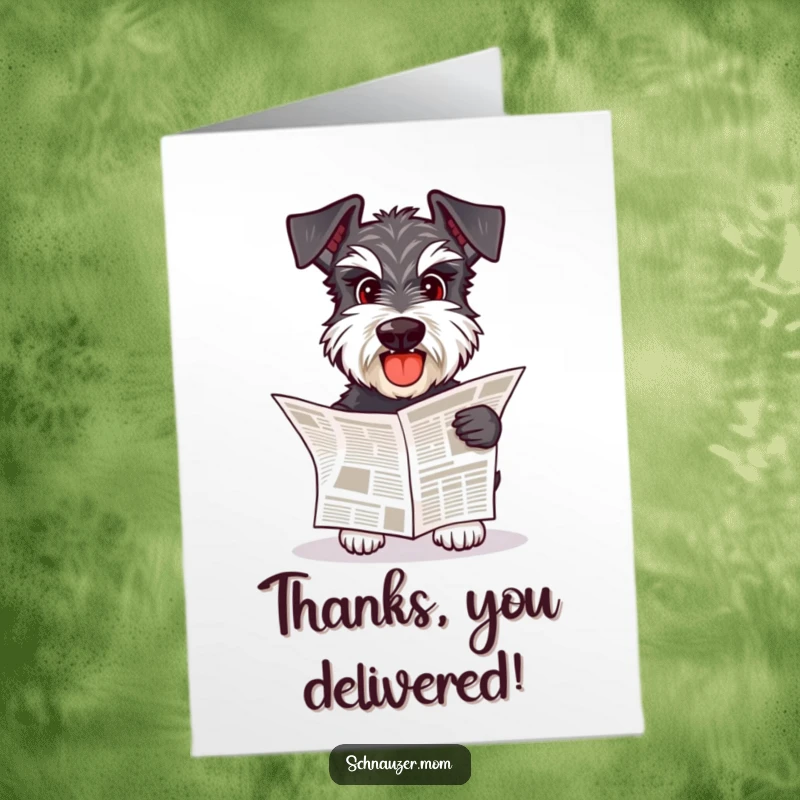 Funny Free Printable Thank You Card: Schnauzer dog happily bringing a newspaper, conveying service.