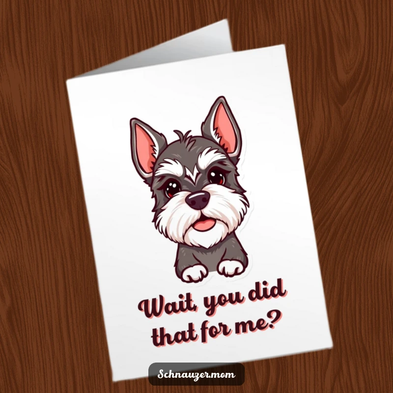 Funny Free Printable Schnauzer Thank You Card: a dog in a quizzical head tilt pose, expressing thanks adorably.