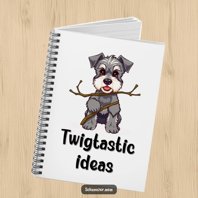Funny Kawaii Schnauzer notebook featuring a proud dog with a twig, perfect for journaling about discoveries and unique ideas.