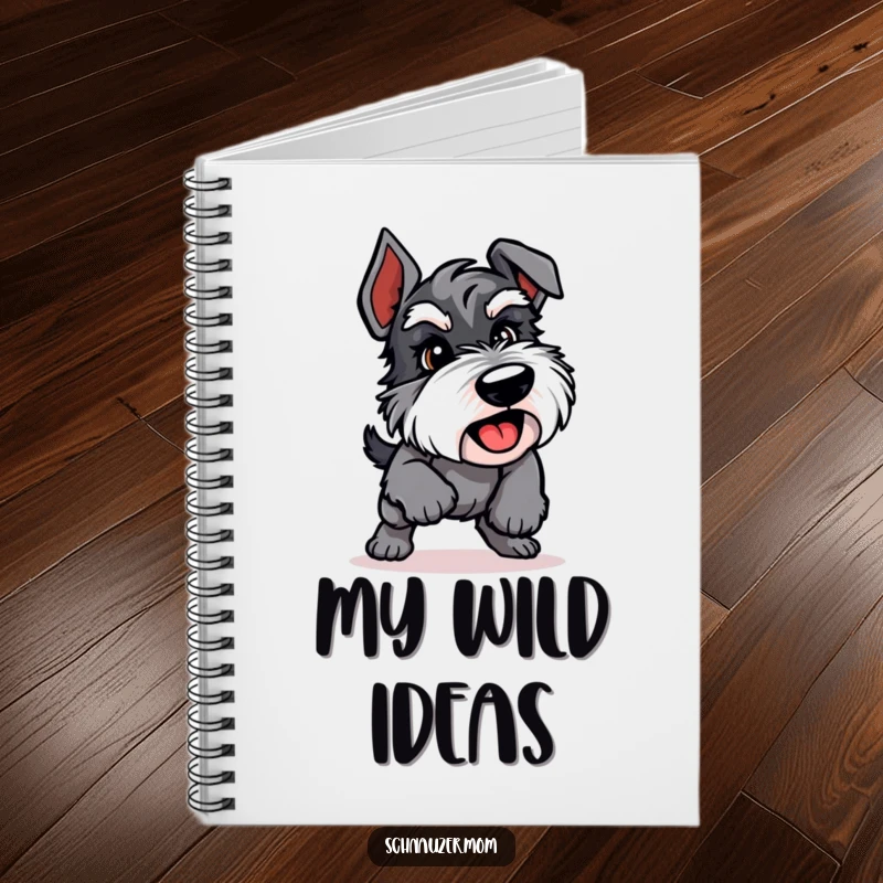 Funny Schnauzer notebook for jotting down ideas, featuring an energetic dog in a playful pounce with dynamic charm.