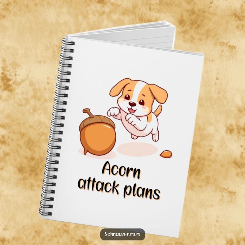 Funny notebook cover with a dog pouncing on an acorn, ideal for jotting down active ideas with a humorous vibe.