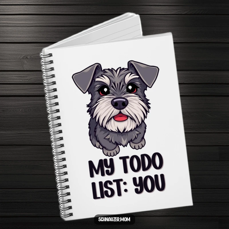 Funny Schnauzer adoring eyes notebook, journaling loyal thoughts with a devoted dog's gaze, perfect for heartfelt writing.