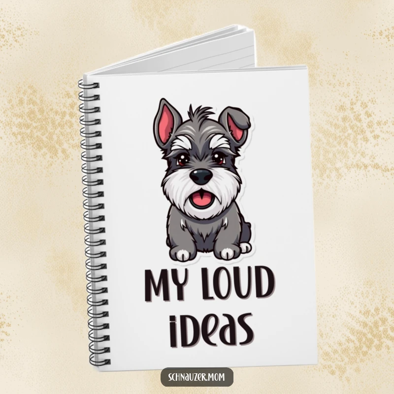 Funny Schnauzer notebook showcasing a sturdy dog with bushy eyebrows barking joyfully, perfect for jotting down enthusiastic ideas.
