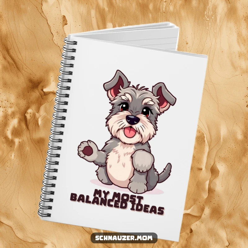Funny Schnauzer headstand notebook, capturing ideas with a playful and athletic dog artist, perfect for journaling and humor.