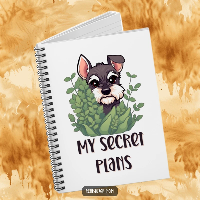 Funny Schnauzer notebook with a dog peeking from behind a plant with a mischievous glint, ideal for notes.